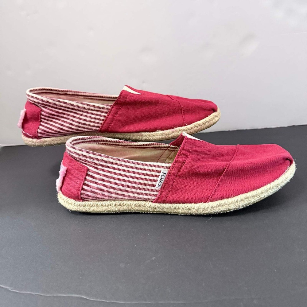 TOMS Red Herringbone Canvas Espadrille Alpargata Flats Striped Heel Womens 7.5